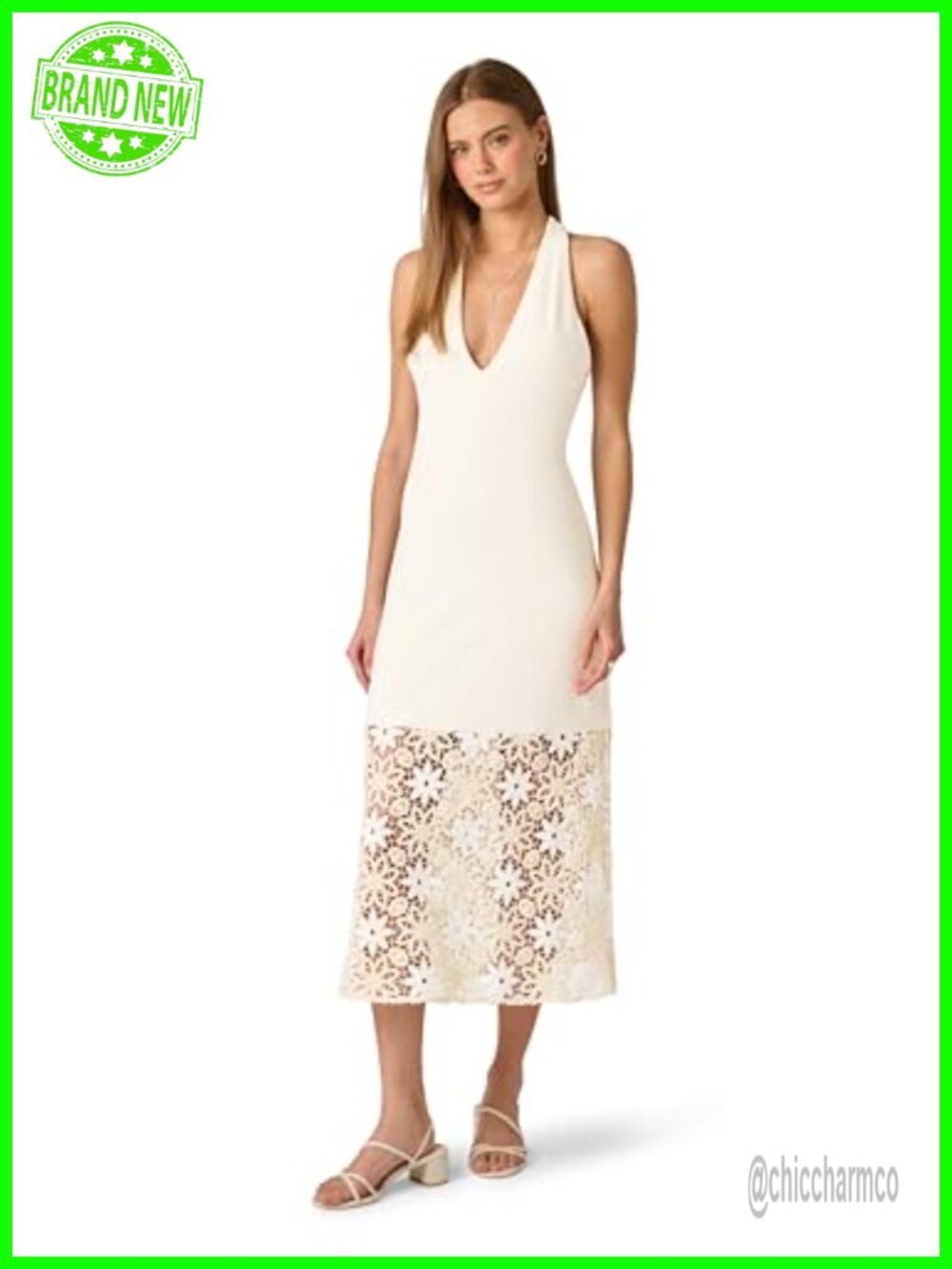 Halter Midi Dress with Floral Crochet Hem Stretch Knit Sleeveless